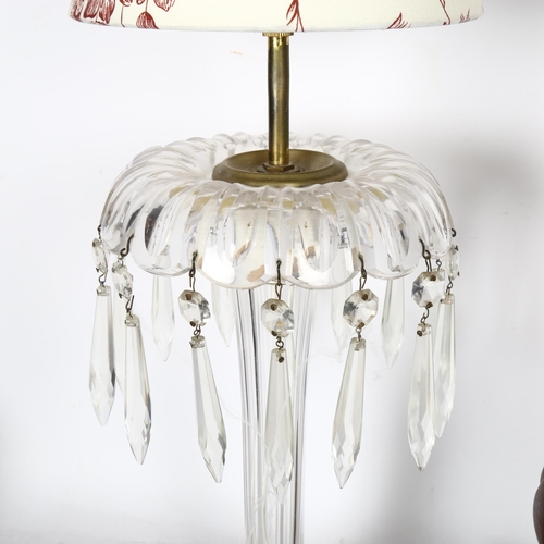 748 - A carved wood table lamp, 62cm, and a pair of table lamps with lustre drops