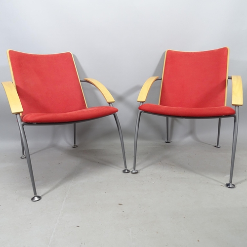 2107 - A pair of post-modern Finnish bent-ply and steel lounge chairs, by Martela, with maker's label