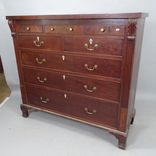 2117 - A 19th century mahogany chest of 5 short and 3 long drawers, with carved pilaster decoration, on bra... 