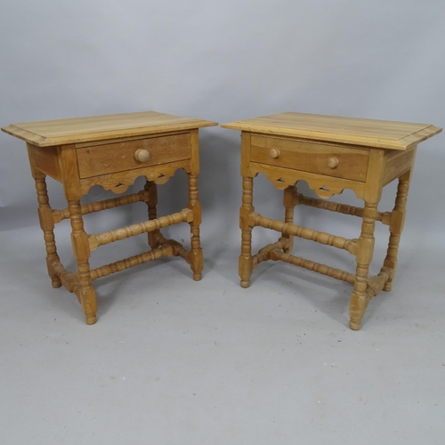 2119 - A pair of pine Arts and Crafts style side/lamp tables, with single fitted drawer, 89cm x 70cm x 45cm