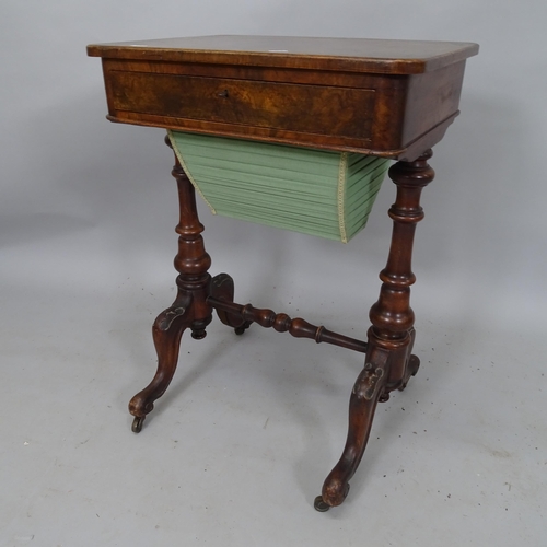 2124 - An Antique walnut and mahogany sewing table, with single frieze drawer and sliding basket under, 55c... 