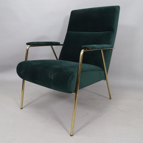 2127 - A mid-century design green velvet lounge chair with brass frame