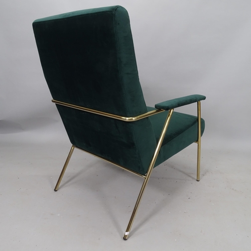 2127 - A mid-century design green velvet lounge chair with brass frame