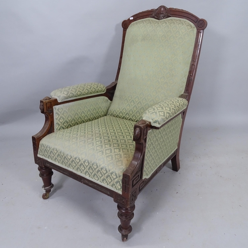 2128 - A Victorian mahogany and upholstered armchair, overall 70cm x 100cm x 85cm