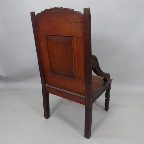 2129 - An Antique oak Charles II style chair, with carved decoration, overall 60cm x 115cm x 58cm