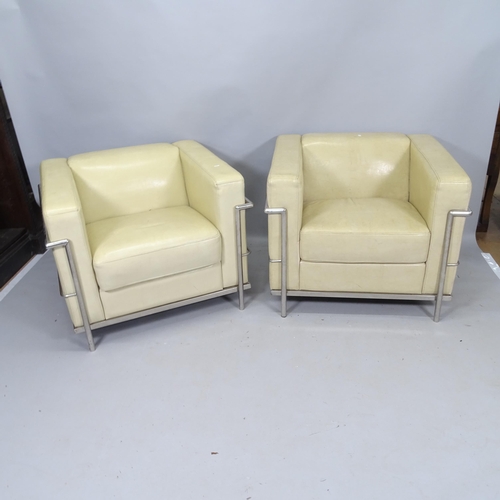 2131 - A pair of Italian Le Corbusier LC2 style cream leatherette and chrome lounge chairs