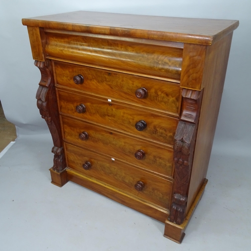 2140 - A 19th century mahogany Scottish chest of 5 long drawers, with carved pilasters, 115cm x 127cm x 55c... 