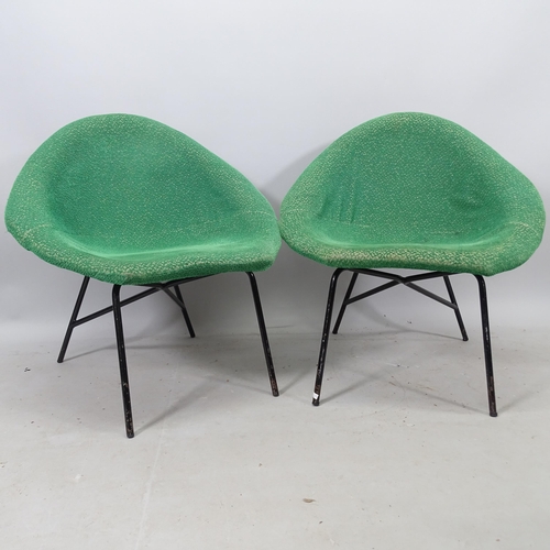 2155 - A pair of mid-century Italian saucer-shaped lounge chair, upholstered fibreglass shell on black pain... 