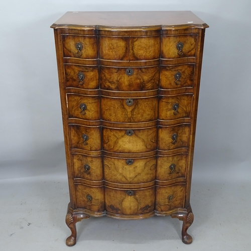 2163 - A 19th century crossbanded walnut bow-front chest of 6 drawers on cabriole legs, 71cm x 126cm x 50cm