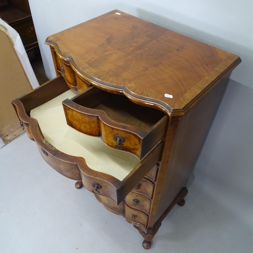 2163 - A 19th century crossbanded walnut bow-front chest of 6 drawers on cabriole legs, 71cm x 126cm x 50cm