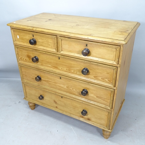 2179 - A Victorian pine chest of 2 short and 3 long drawers, on turned legs, 105cm x 102cm x 55cm