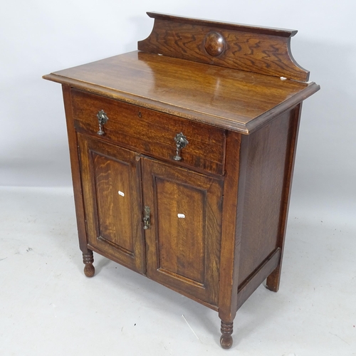 2180 - A oak hall cabinet, with raised back, single fitted drawer and cupboards under, 77cm x 96cm x 46cm