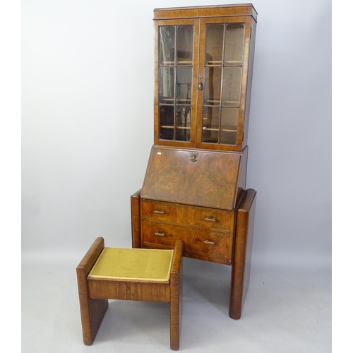 2002 - An Art Deco figured walnut bureau bookcase, and matching stool, bookcase width 77cm x 190cm x 43cm