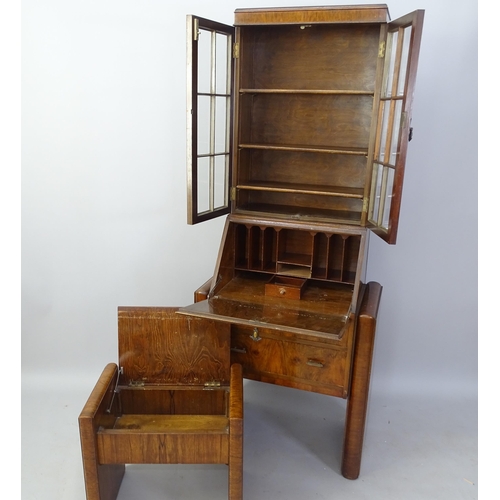 2002 - An Art Deco figured walnut bureau bookcase, and matching stool, bookcase width 77cm x 190cm x 43cm