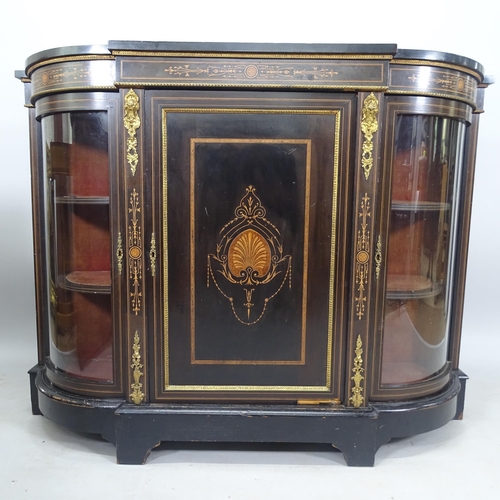 2014 - A Victorian ebonised credenza, with bow-end glazed doors and central panelled door, satinwood bandin... 