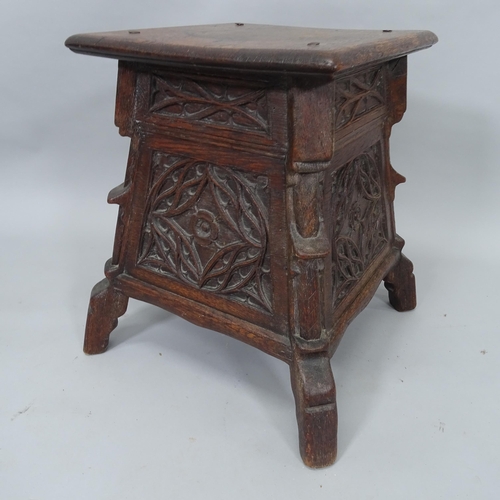 2025 - A 19th century Gothic oak low pedestal or stool, with tracery carved panels, 50cm (overall) x 53cm x... 