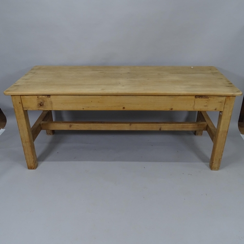 2028 - An Antique pine plank-top dining table, with H-shaped stretcher, 182cm x 76cm x 75cm