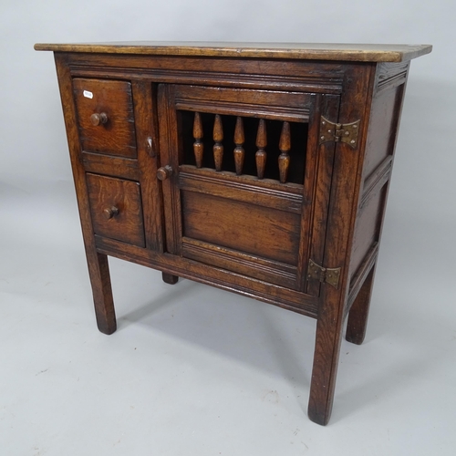 2032 - A oak cabinet, with 2 fitted drawers and single-panel door, on stile legs, 77cm x 76cm x 37cm