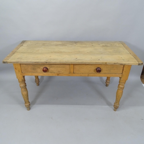 2050 - An Antique pine plank-top farmhouse kitchen table, with 2 fitted drawers, 141cm x 75cm x 68cm