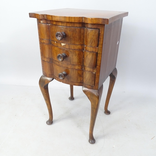 2060 - A 1920s walnut serpentine-front 3-drawer bedside chest, 37cm x 71cm x 36cm