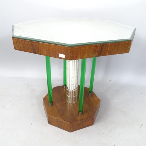 2076 - An Art Deco side/lamp table, with mirrored octagonal top, and central column flanked by green lucite... 