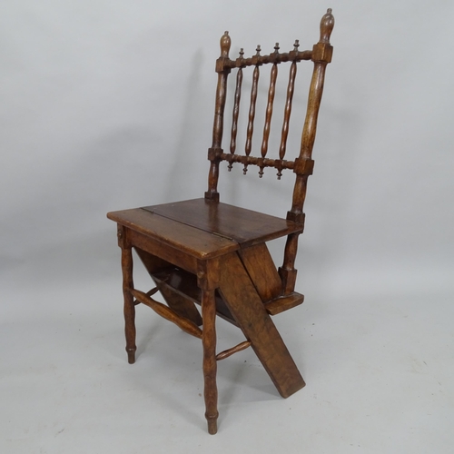 2084 - A 19th century oak metamorphic library step chair, with turned spindle back and legs