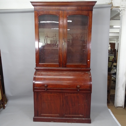 2085 - A Victorian mahogany cylinder-front 2-section bureau bookcase, 120cm x 245cm x 55cm (with key)