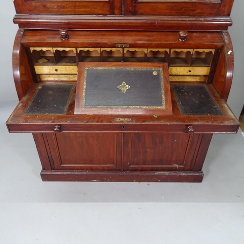 2085 - A Victorian mahogany cylinder-front 2-section bureau bookcase, 120cm x 245cm x 55cm (with key)