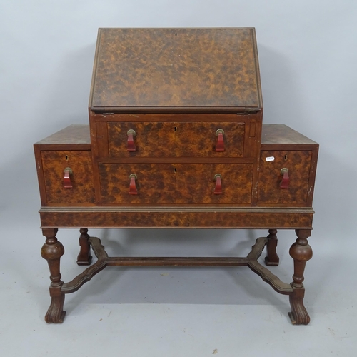 2088 - A 1930's flame walnut veneered bureau, with 4 fitted drawers, 90cm x 100cm x 45cm