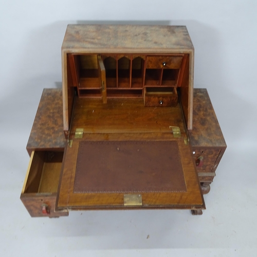 2088 - A 1930's flame walnut veneered bureau, with 4 fitted drawers, 90cm x 100cm x 45cm