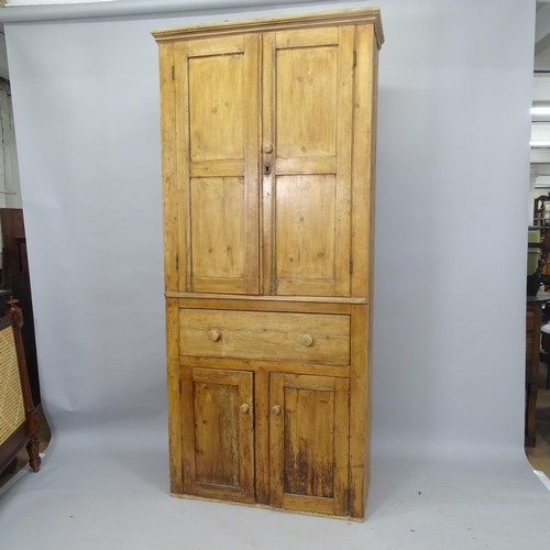 2090 - An Antique pine 4-door cabinet, with single fitted drawer, 95cm x 213cm x 40cm