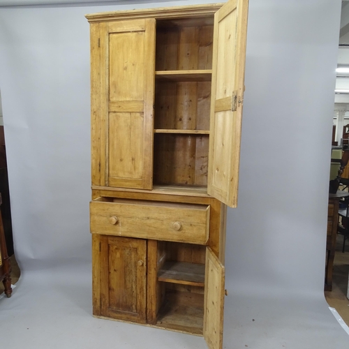 2090 - An Antique pine 4-door cabinet, with single fitted drawer, 95cm x 213cm x 40cm