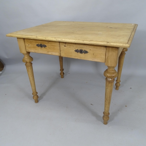 2091 - An Antique pine farmhouse kitchen table, with 2 fitted drawers, 104cm x 82cm x 82cm