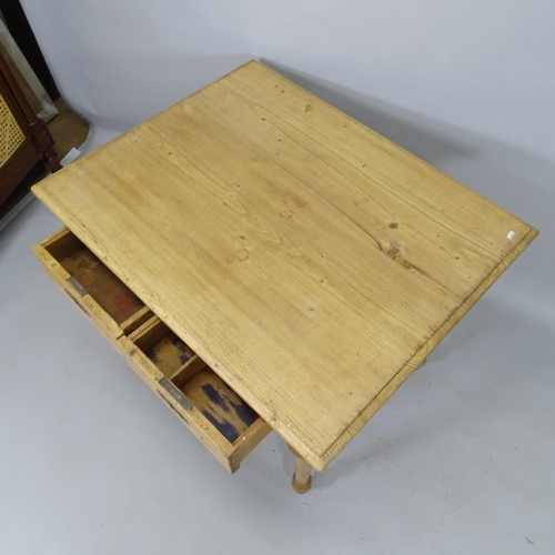 2091 - An Antique pine farmhouse kitchen table, with 2 fitted drawers, 104cm x 82cm x 82cm