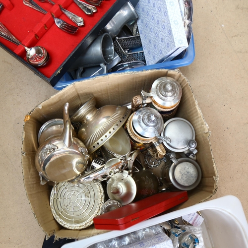 1024 - A quantity of mixed plated ware, beersteins, tankards, cutlery, costume jewellery etc (3 boxes)