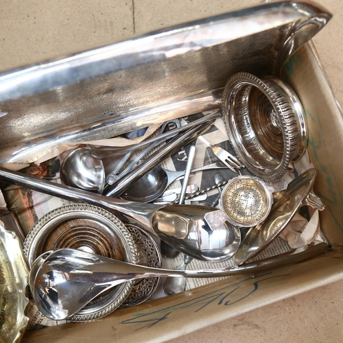 1025 - Silver plated serving trays, a pair of silver plate on copper wine coasters, a Rosenthal ladle, and ... 