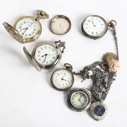 1048 - A group of pocket watches, including a Continental silver-cased top-wind fob watch, 3 modern pocket ... 