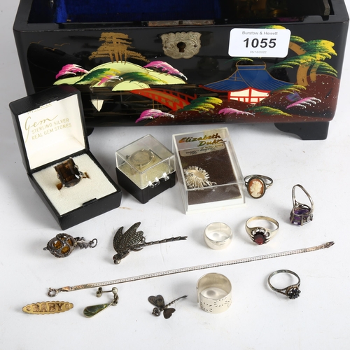 1055 - 11 various silver dress rings, a silver and marcasite dragonfly design brooch etc, together with a J... 