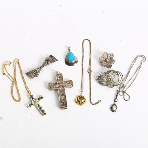 1067 - A group of silver filigree jewellery, to include crucifix, brooches, micro-mosaic cross etc