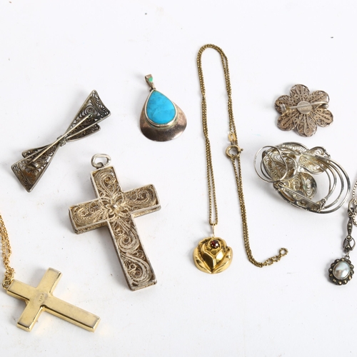 1067 - A group of silver filigree jewellery, to include crucifix, brooches, micro-mosaic cross etc