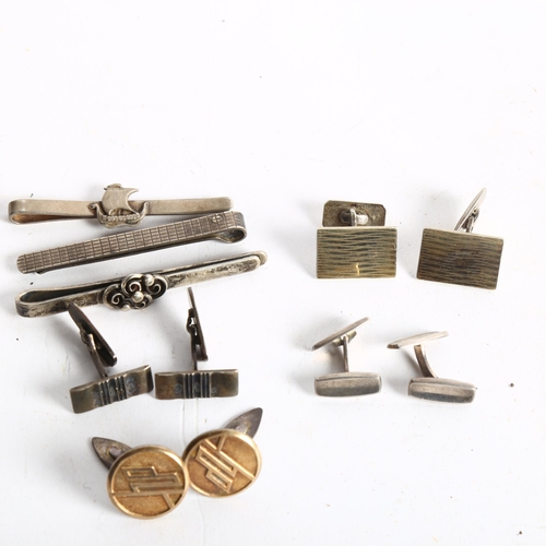 1071 - 4 pairs of silver cufflinks, and 3 silver tie clips