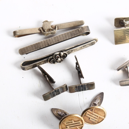 1071 - 4 pairs of silver cufflinks, and 3 silver tie clips