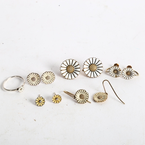 1079 - A group of silver-gilt and white enamel daisy design earrings, including clip-on, some by Volmer Bah... 