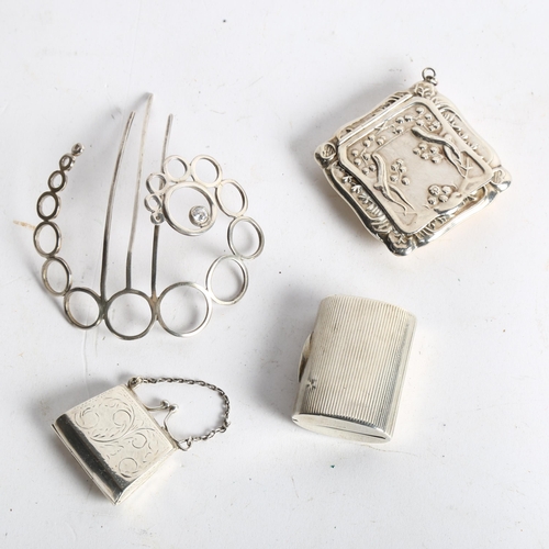 1083 - Various French and German silver pillboxes, and a silver hair comb (4)