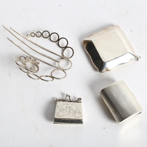 1083 - Various French and German silver pillboxes, and a silver hair comb (4)