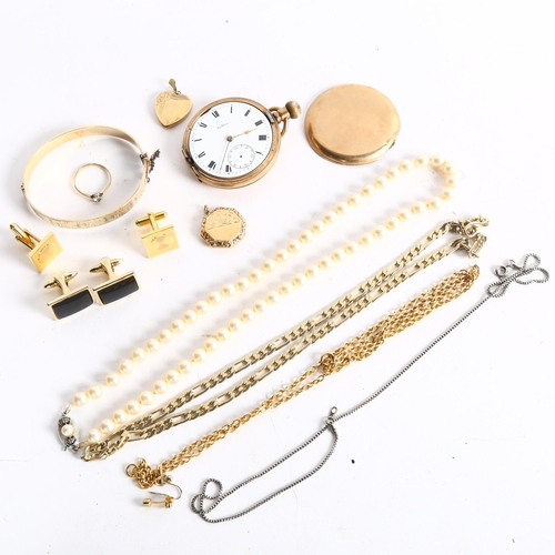 1089 - A group of jewellery, including 2 x 9ct gold back and front lockets, rolled gold bangle, a Waltham f... 