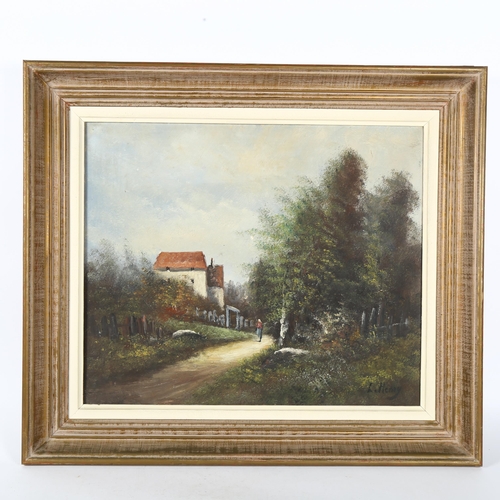 1800 - L Henry, pair of oils on canvas, figure on a village path, and fisherman, 60cm x 70cm overall, frame... 