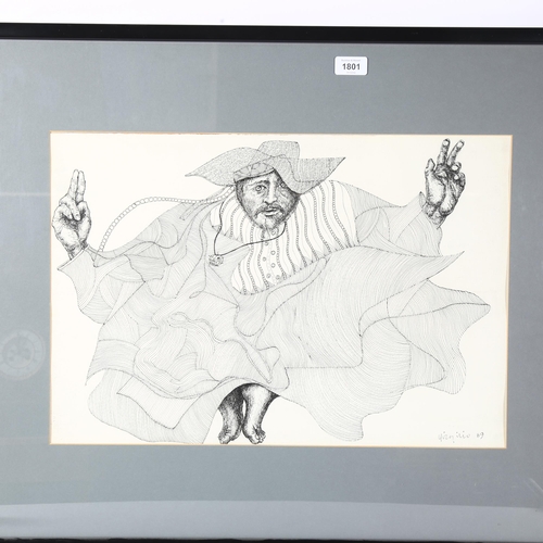 1801 - Virgilio, pen and ink drawing, dancing man, signed and dated '89, 37cm x 54cm, framed