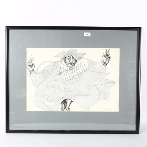 1801 - Virgilio, pen and ink drawing, dancing man, signed and dated '89, 37cm x 54cm, framed