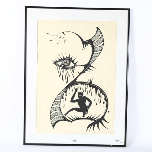 1802 - Kaka, pen and ink, Tribal study, signed and dated 1980, 58cm x 40cm, framed